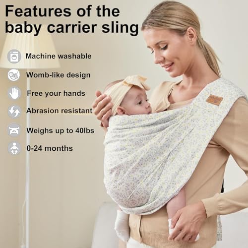 Adjustable nursing wrap sling in yellow flower pattern worn by mother