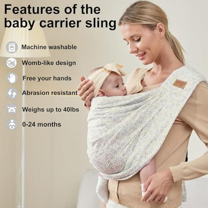 Adjustable nursing wrap sling in yellow flower pattern worn by mother