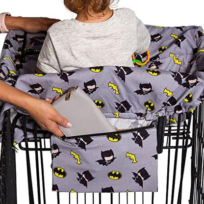 Rear angle view of the J.L. Childress universal fit cover stretching over a standard supermarket shopping cart handle.