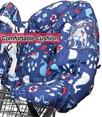 Universal fit baby seat cushion installed on a large public grocery shopping cart