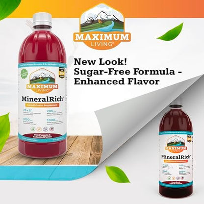 Maximum Living MineralRich dietary supplement bottle showcase with nutritional facts panel displaying biotin and vitamin B12 levels