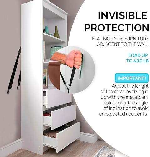 Heavy duty earthquake straps securing a large bookcase to the wall.