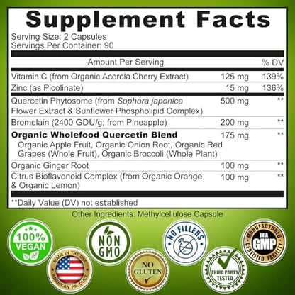 Authentic USA imported 180 count quercetin phytosome bottle highlighting three month daily wellness supply.