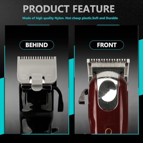 Close up view of the durable plastic clipper guard set designed for precise barber fades and close trims.