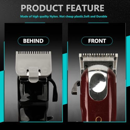 Close up view of the durable plastic clipper guard set designed for precise barber fades and close trims.