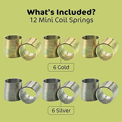 Six gold and six silver mini metal coil springs arranged neatly for birthday party favors