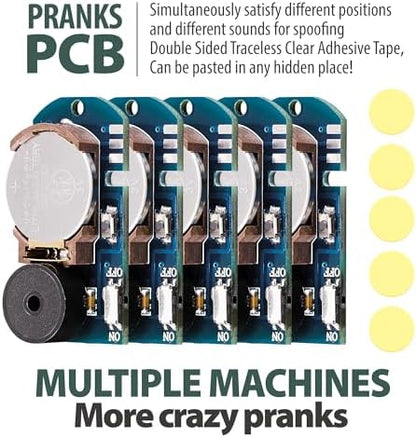 The five pieces of the mini hidden beeping prank kit laid out with included double sided mounting tapes.
