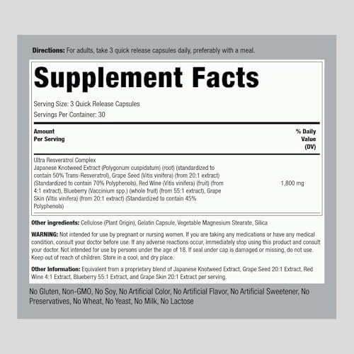 Piping Rock Resveratrol supplement bottle back label ingredients
