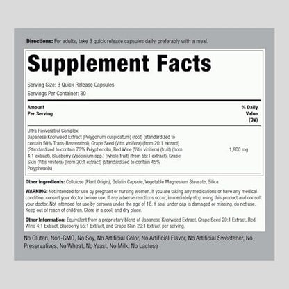 Piping Rock Resveratrol supplement bottle back label ingredients