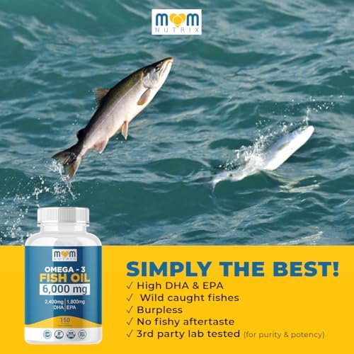 MOM NUTRIX maximum strength fish oil capsule display highlighting the burpless extra coated clear softgels