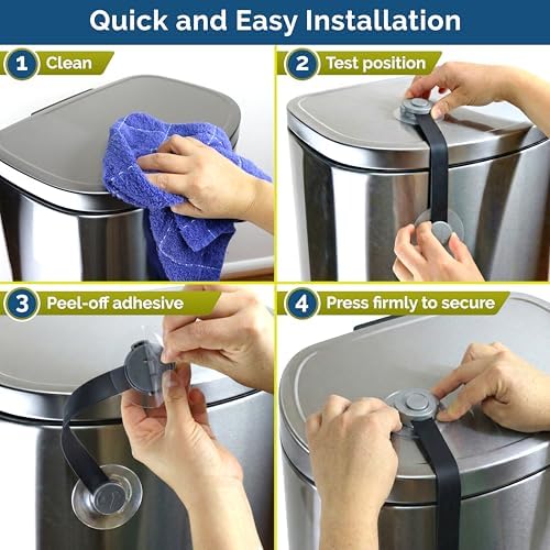 Dog proof kitchen trash can lock preventing a pet from opening the lid