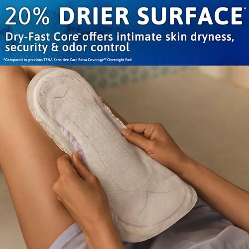 TENA sensitive care 90 count box showing leak protection features