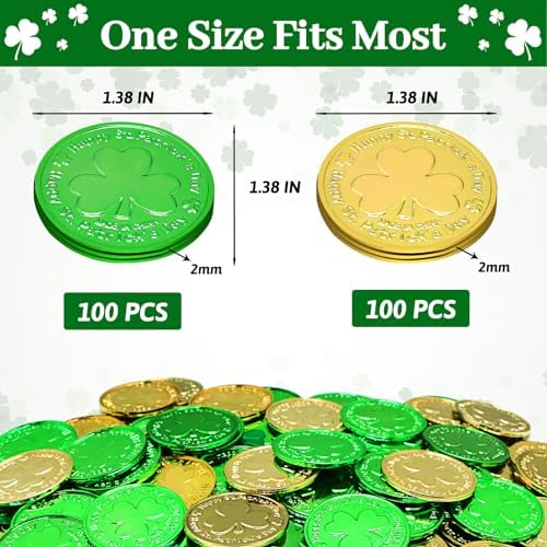 Close up of Giaueoa lucky coins highlighting the embossed three leaf clover and festive holiday text.