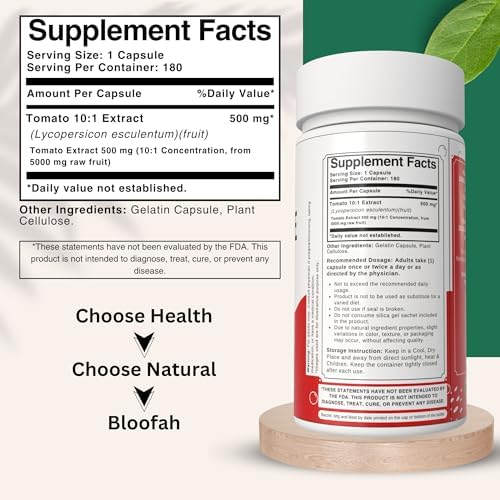Bloofah Lycopene 500mg supplement facts label and ingredient details