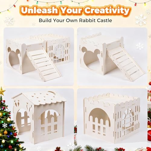 Large Rabbit House, Wooden Bunny Castle with 3 Houses Indoor, Rabbit Guinea Pig Cage Multistory Climbing Tower Sturdy Wooden Castle, Small Animal Hideaway Tunnel - Image 7