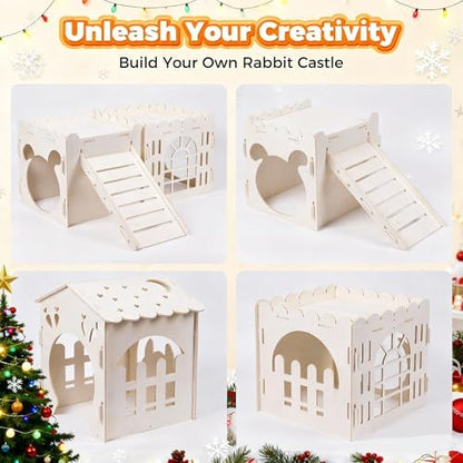 Large Rabbit House, Wooden Bunny Castle with 3 Houses Indoor, Rabbit Guinea Pig Cage Multistory Climbing Tower Sturdy Wooden Castle, Small Animal Hideaway Tunnel - Image 7