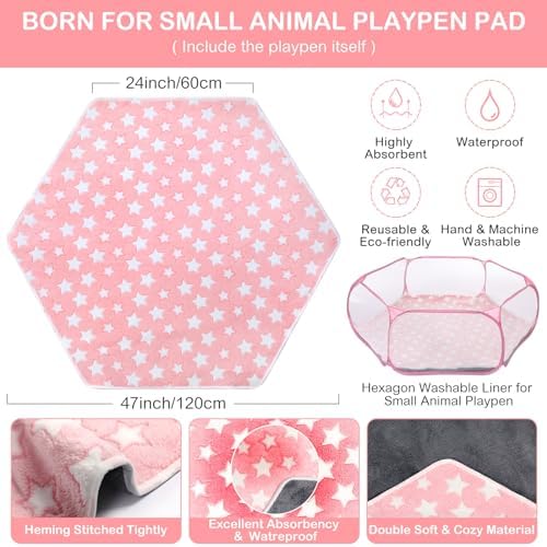 VitalCozy Hamster Playpen with Mat Small Animal Cage Tent Breathable Transparent Guinea Pig Playpen Waterproof Portable Yard Fence Mat Foldable Exercise Playpen Outdoor Indoor (Pink,Star) - Image 4