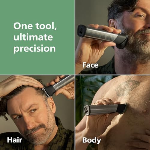 Norelco MG7975 49 multigroom trimmer showing all 22 attachments and precision combs layout