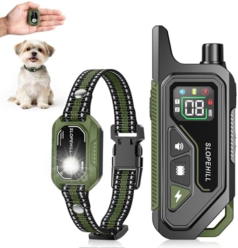 Slopehill dog training collar with vertical antenna remote showing digital battery display screen
