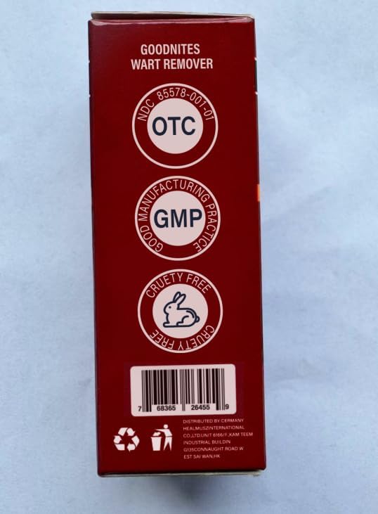 Goodnites wart removal liquid packaging showing family safe usage instructions.