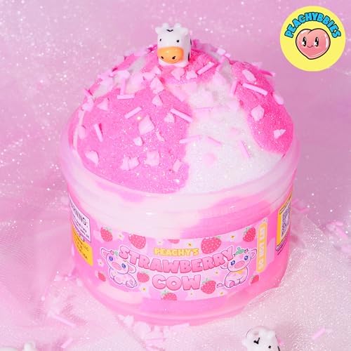 Peachybbies Strawberry Cow Cloud Slime being played with on a clean surface for an therapeutic ASMR experience