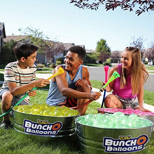Backyard party display of 210 count green grenade water balloons ready for play