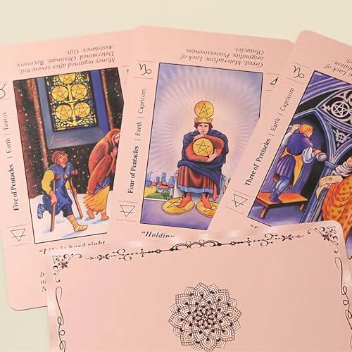Close up of Linsina tarot deck cards with zodiac symbols and keywords