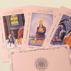 Close up of Linsina tarot deck cards with zodiac symbols and keywords