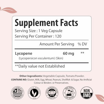 ForestVibe Lycopene 60mg natural carotenoid complex nutritional facts label showing clean ingredients.