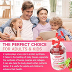 MEENCCD L-Lysine gummy bottle next to fresh strawberry fruits