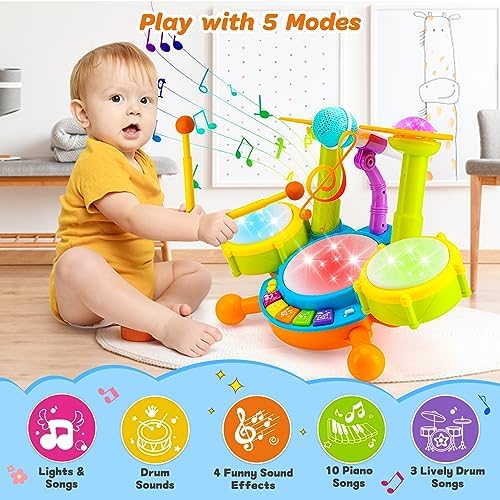 Toddler learning toy drum set with colorful lights flashing on the percussion pads