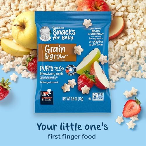 Gerber baby snack pouch showing strawberry and apple ingredients with non GMO label.