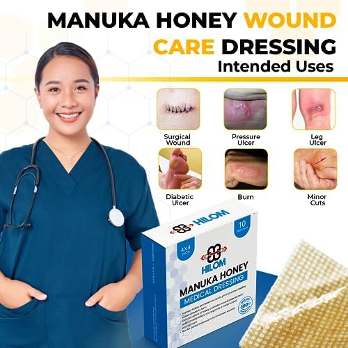 Individual sterile packaging of Hilom honey dressing pads for first aid care.