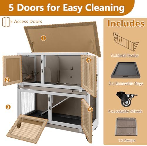 2 Story Rabbit Hutch Indoor & Outdoor, Wooden Rabbit Cage with 2 Leak-Proof Pull-Out Trays, 4 Wheels, Ramp, Chew-Anti Metal Strip for Rabbit, Guinea Pig, Hamster (36" L x 17.8" W x 36.7" H) - Image 7