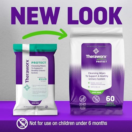 Theraworx Protect non flushable cleansing wipes packaging showing product features and usage benefits.