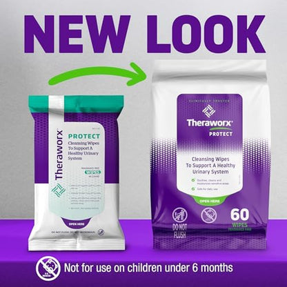 Theraworx Protect non flushable cleansing wipes packaging showing product features and usage benefits.