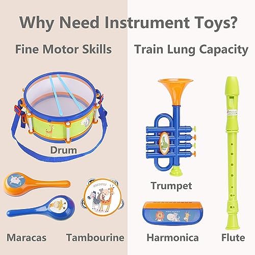 iPlay iLearn kids drum toy set with trumpet maracas and harmonica spread out on a white backdrop