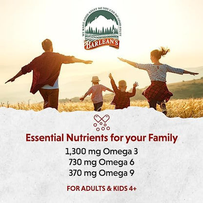 Barleans Total Omega 3 6 9 Liquid Fish Oil showing the non GMO and gluten free certification seals