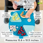 Aqua colored bear shaped toddler plate and silicone placemat laid flat on a restaurant table