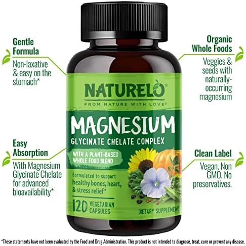 Naturelo Magnesium Glycinate 200mg supplement bottle back label displaying accurate nutrition facts and ingredients