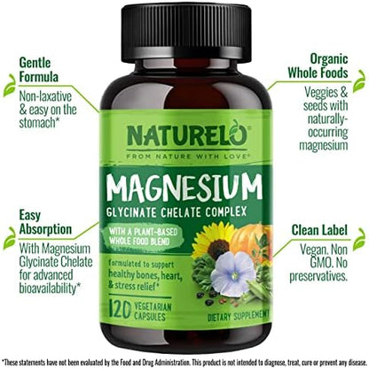 Naturelo Magnesium Glycinate 200mg supplement bottle back label displaying accurate nutrition facts and ingredients