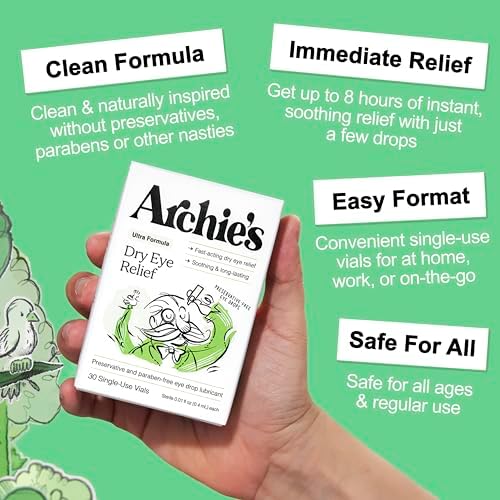 Close up of Archie's Remedies single use preservative free eye drop vial.