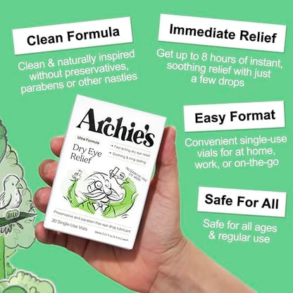 Close up of Archie's Remedies single use preservative free eye drop vial.