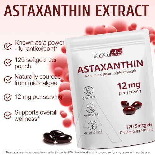 Daiasns Astaxanthin triple strength twelve milligrams softgels label details showing non-GMO and gluten-free attributes