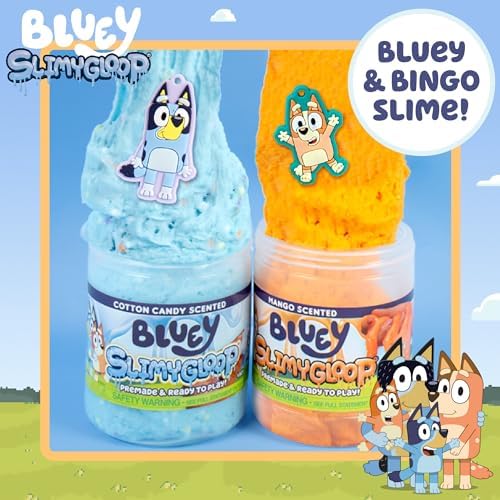 Two jars of cotton candy and mango scented slimes with hidden character charms