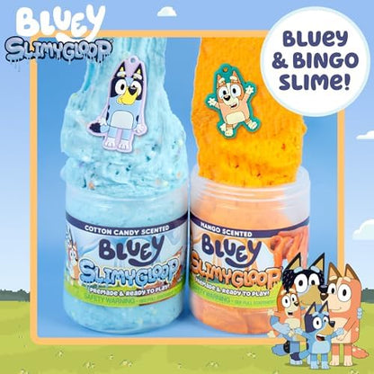 Two jars of cotton candy and mango scented slimes with hidden character charms