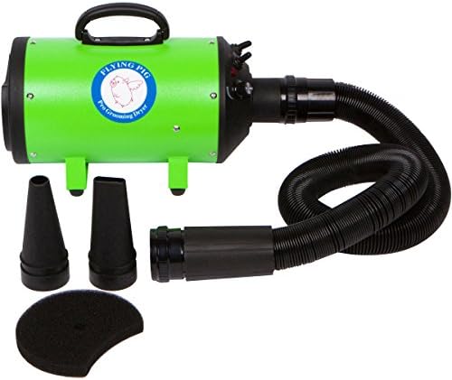 Flying Pig Pet Grooming Dryer connected with 10 foot flexible hose and nozzles