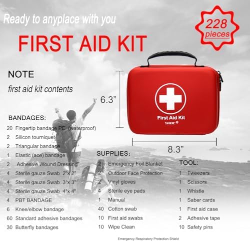 Open SHBC emergency kit showing 228 pieces of medical supplies.
