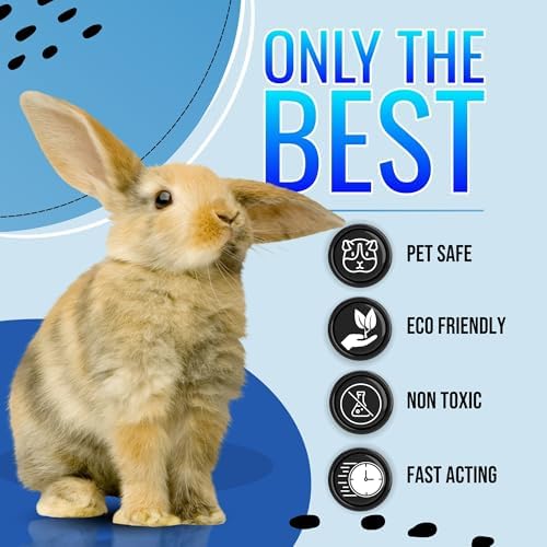 Fast drying pet safe cage cleaner misting a wire rabbit enclosure corner for odor control