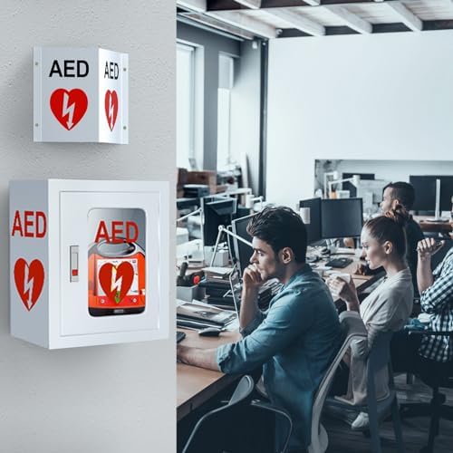 ZIPOWEY AED sign installed on a white wall in a modern office hallway.